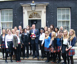 St George's School Edinburgh students – and their mascot George the Bear – meet Prime Minister David Cameron at 10 Downing Street